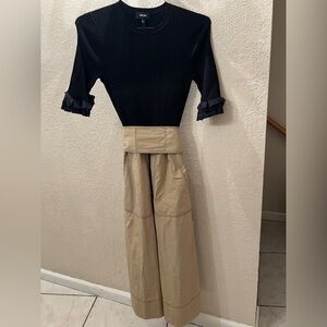 ME+EM Mixed Media Midi Dress Black Rib Knit Beige Tie Waist US 4
